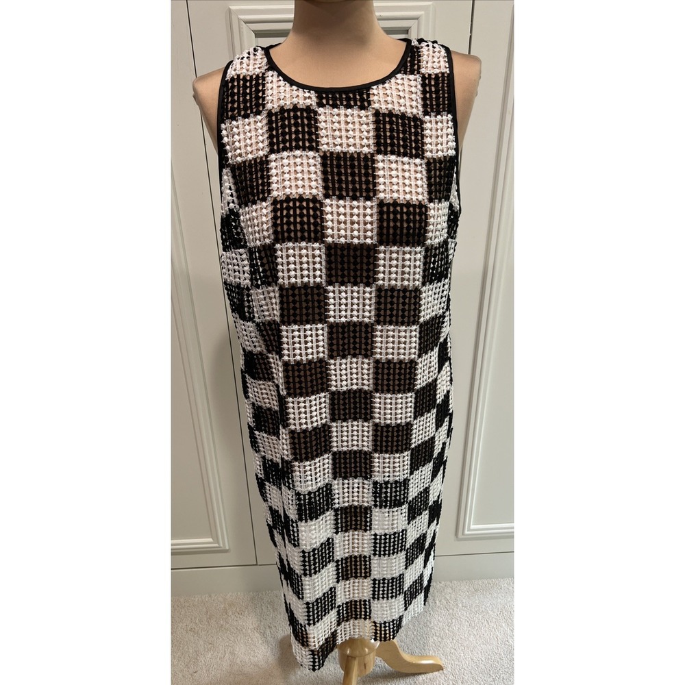 W By WORTH Black & White Checkered Crochet Dress Sheer No Liner Retro Chic